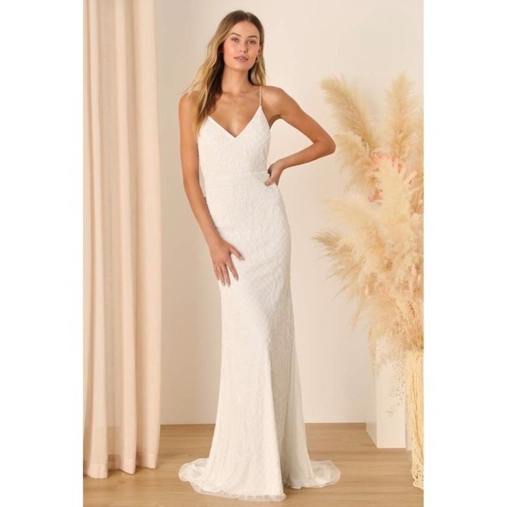 Lulus Cherished Vow White Beaded Sequin Mermaid Maxi Wedding Dress Size S